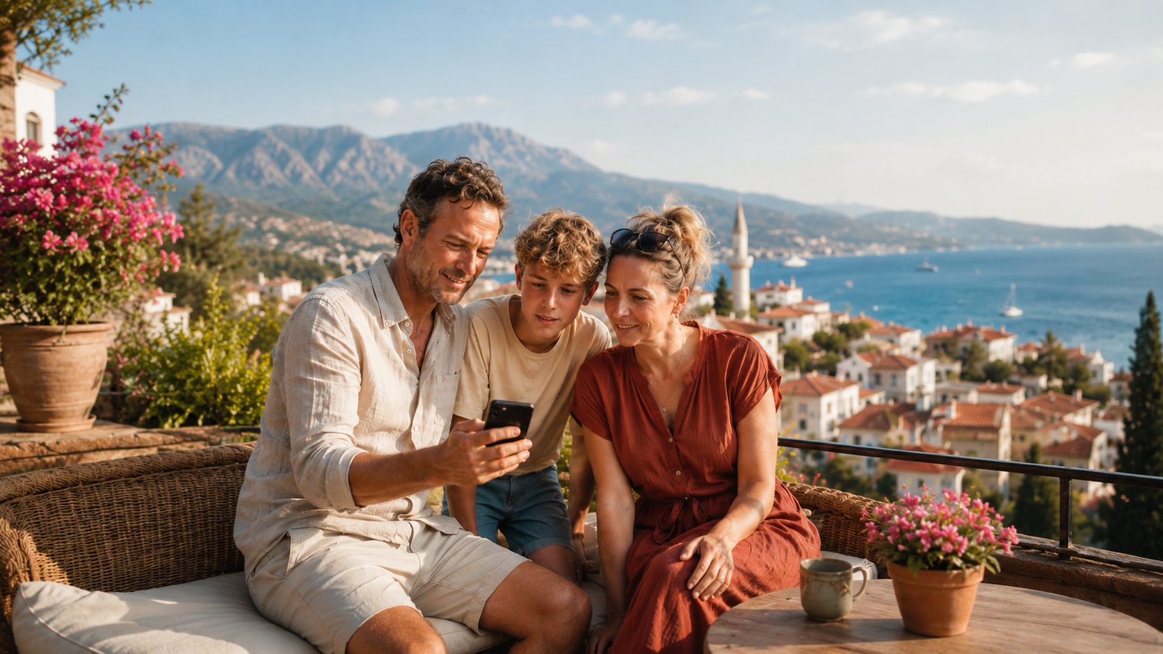 Gezin kijkt samen op een telefoon met op de achtergrond een turkse baai met helder blauw water