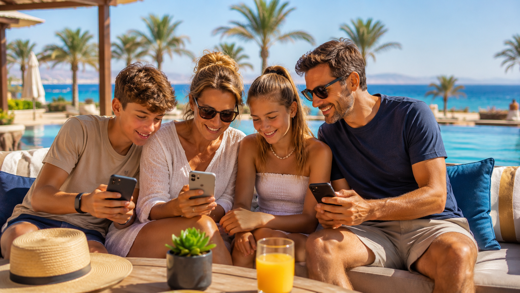 Nederlands gezin met tieners kijkt op smartphones bij het zwembad in Egypte