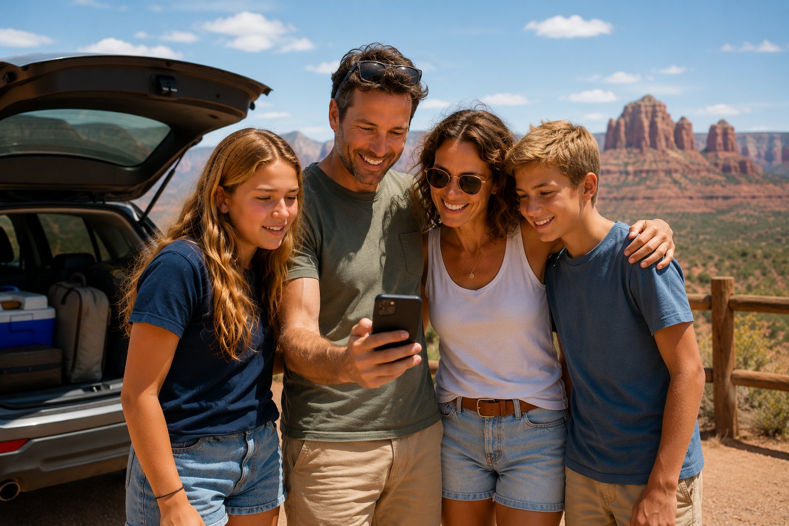 Gezin op roadtrip in Amerika kijkt samen op een telefoon bij de huurauto