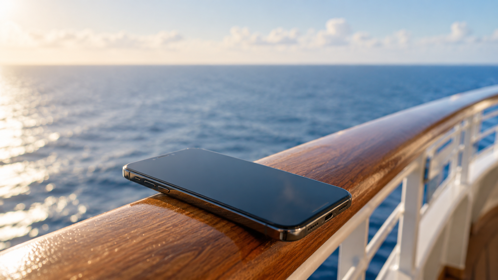 Smartphone op de reling van een cruiseschip met de open zee op de achtergrond