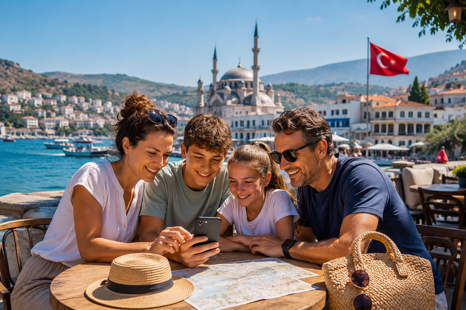 Gezin met twee kinderen kijkt samen op een telefoon aan een terras in een Turkse haven met op de achtergrond een moskee en de Turkse vlag