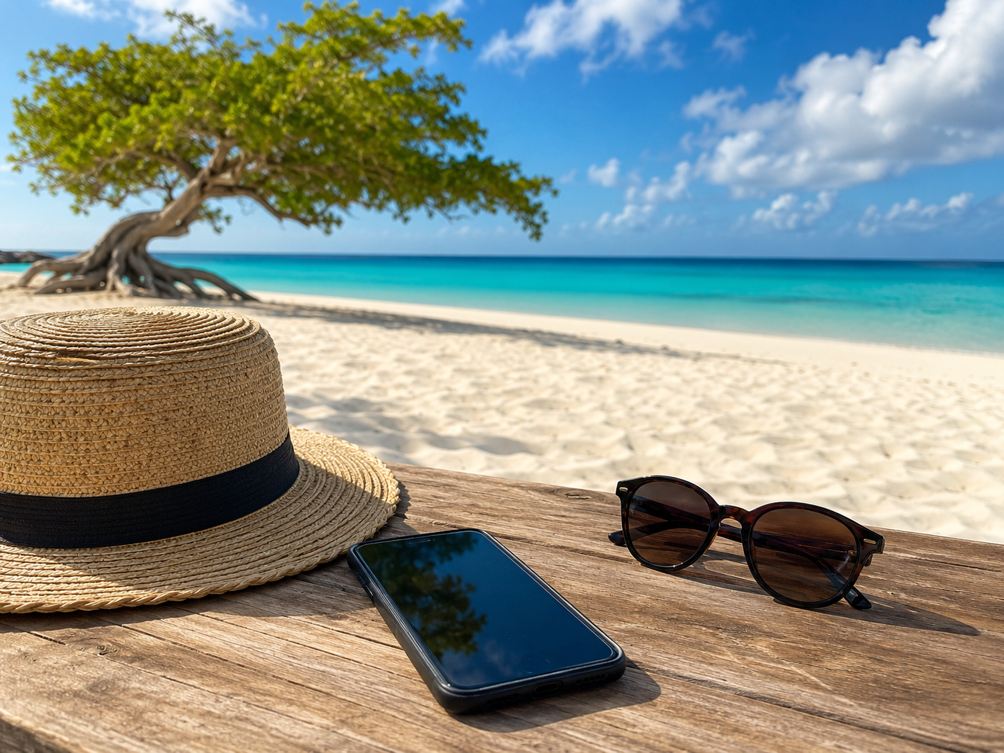 Smartphone op een houten tafel bij Eagle Beach op Aruba met wit strand, turquoise water en een divi-divi boom op de achtergrond