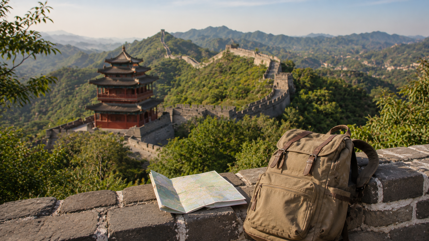 Uitzicht op een Chinese pagode tussen groene heuvels met een reisrugzak op de voorgrond