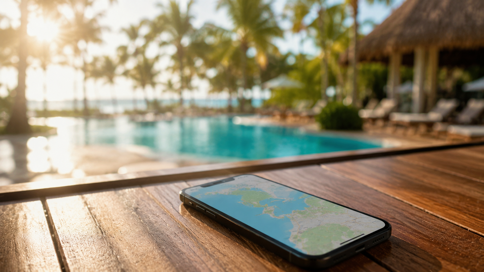 Smartphone met kaart op een tafel bij een resort in de Dominicaanse Republiek