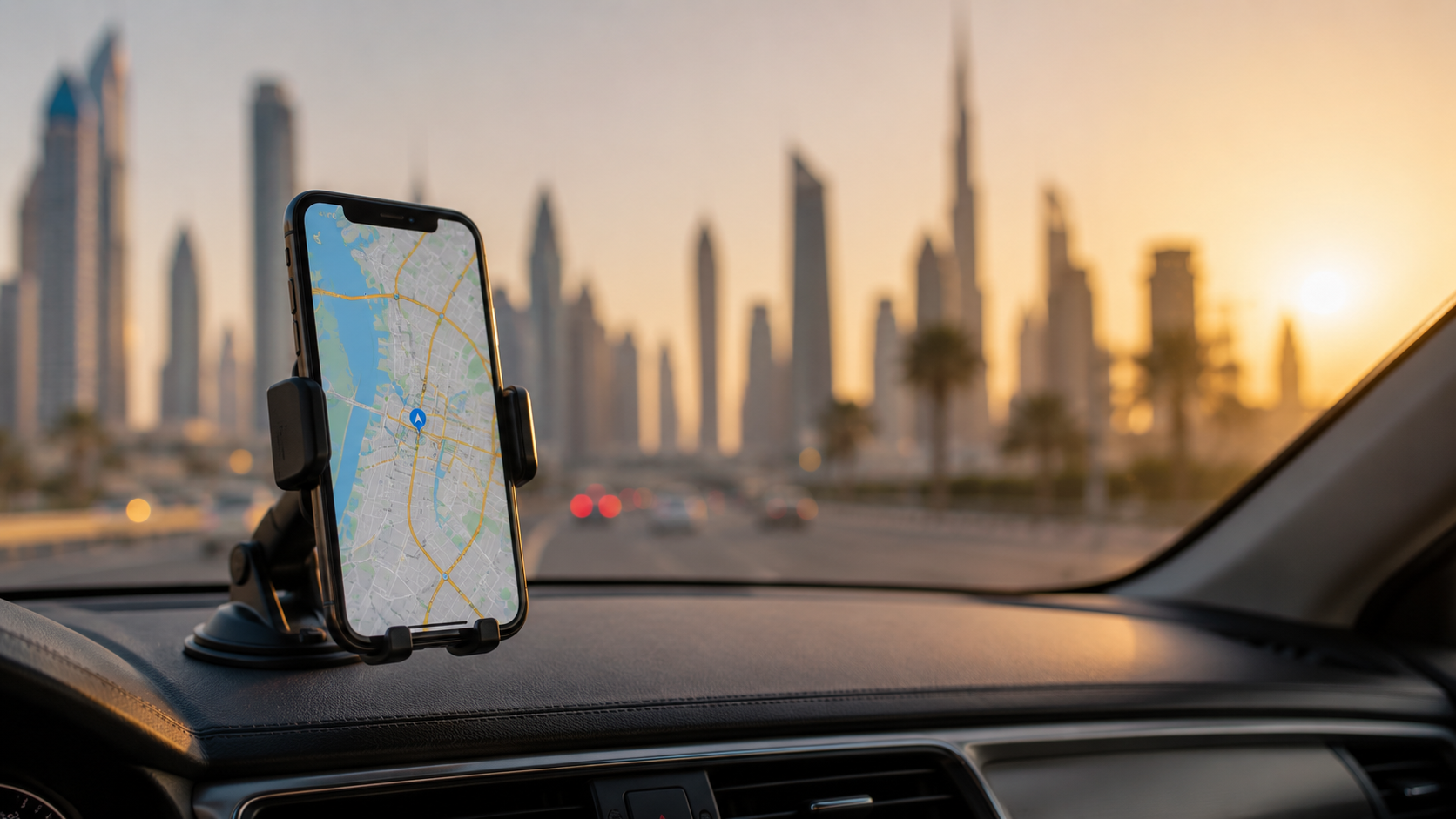 Telefoon met kaart in een autohouder met de skyline van Dubai op de achtergrond