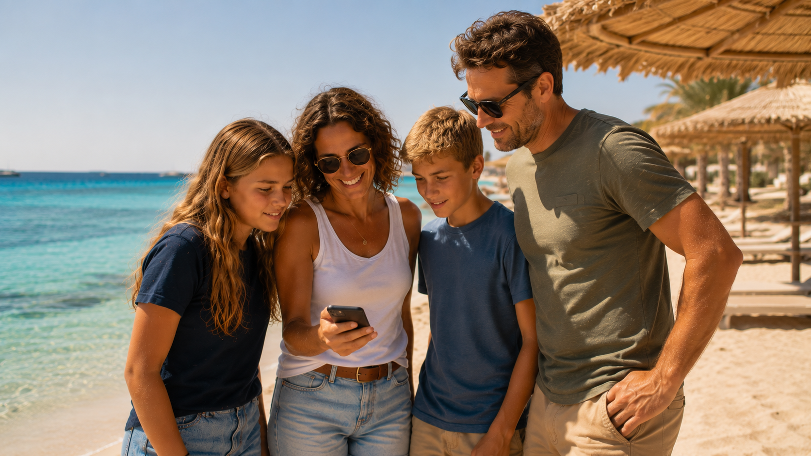 Gezin op het strand bij Hurghada kijkt samen op een telefoon
