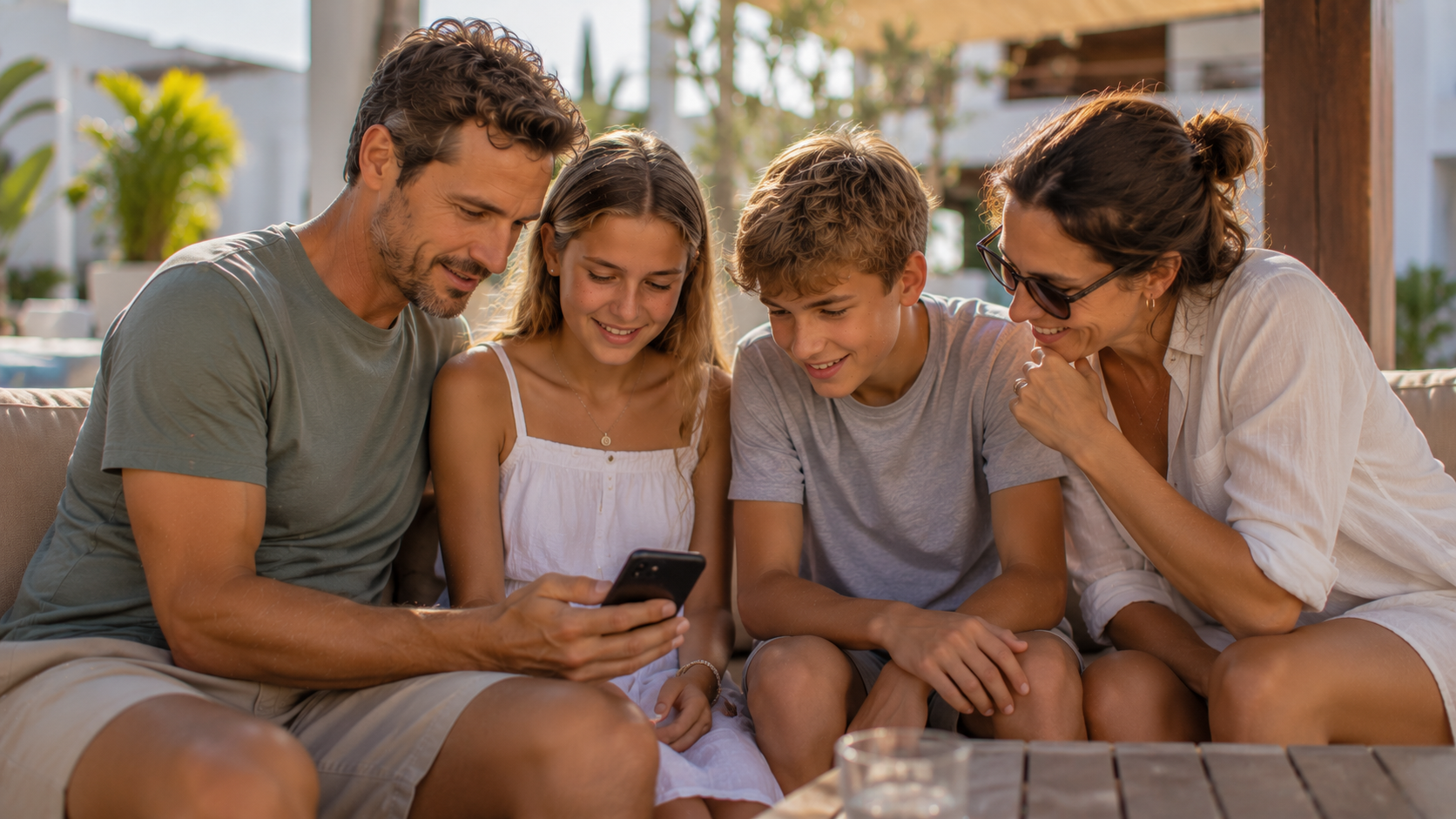 Gezin op vakantie kijkt samen op een telefoon