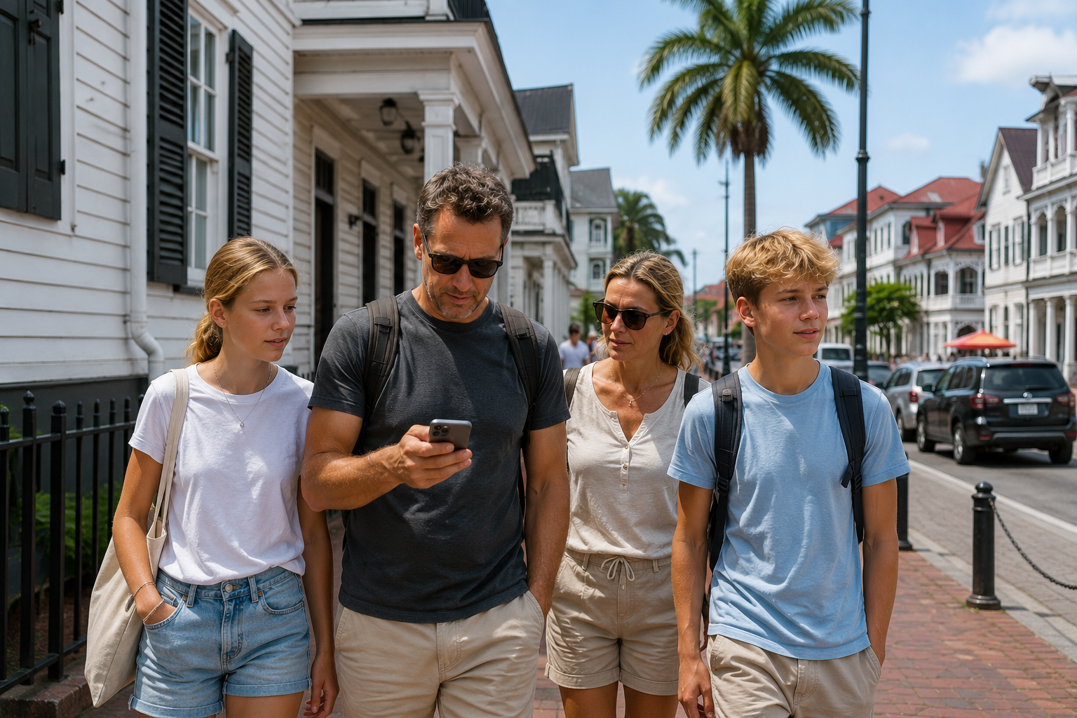 Gezin met tieners in Paramaribo Suriname checkt smartphone