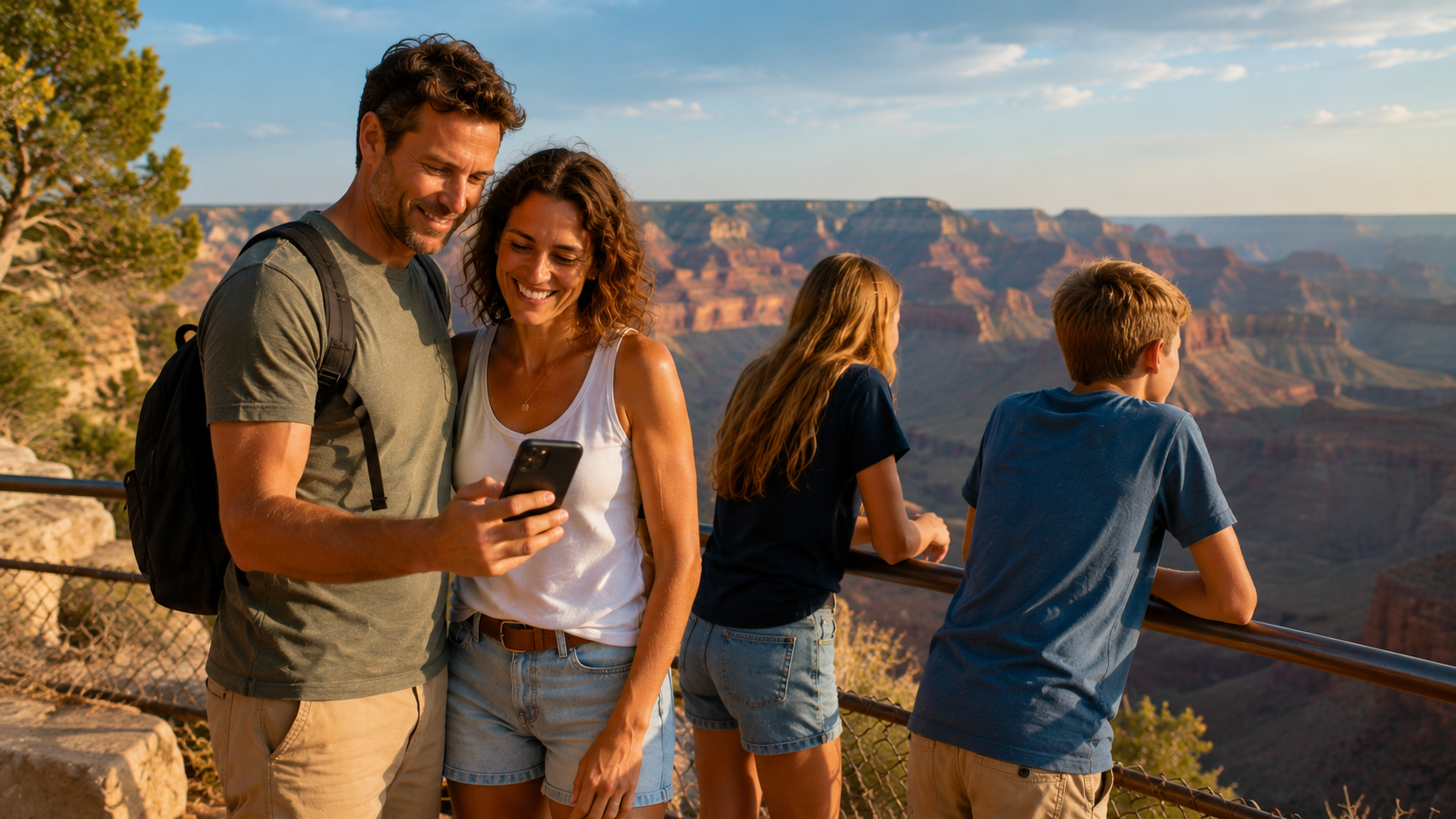 Gezin bij een uitkijkpunt in een Amerikaans nationaal park kijkt samen op een telefoon