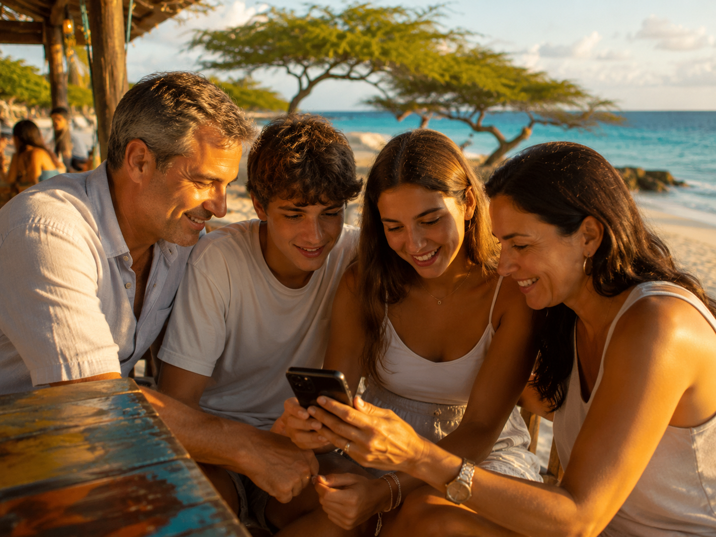 Gezin bij een strandbar op Aruba kijkt samen op een telefoon met turquoise zee en divi-divi bomen op de achtergrond
