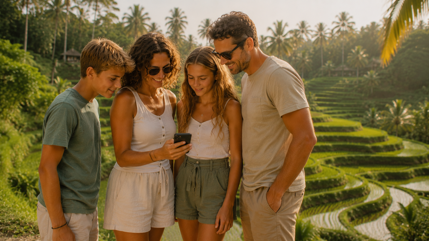 Gezin bij een rijstterras op Bali kijkt samen op een telefoon