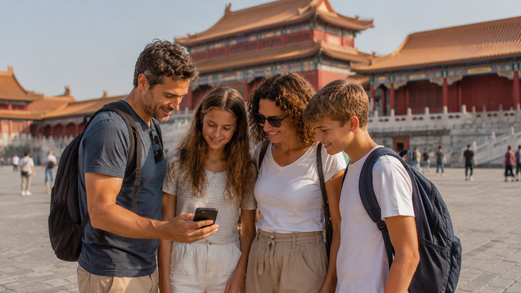 Gezin bij een Chinese tempel kijkt samen op een telefoon