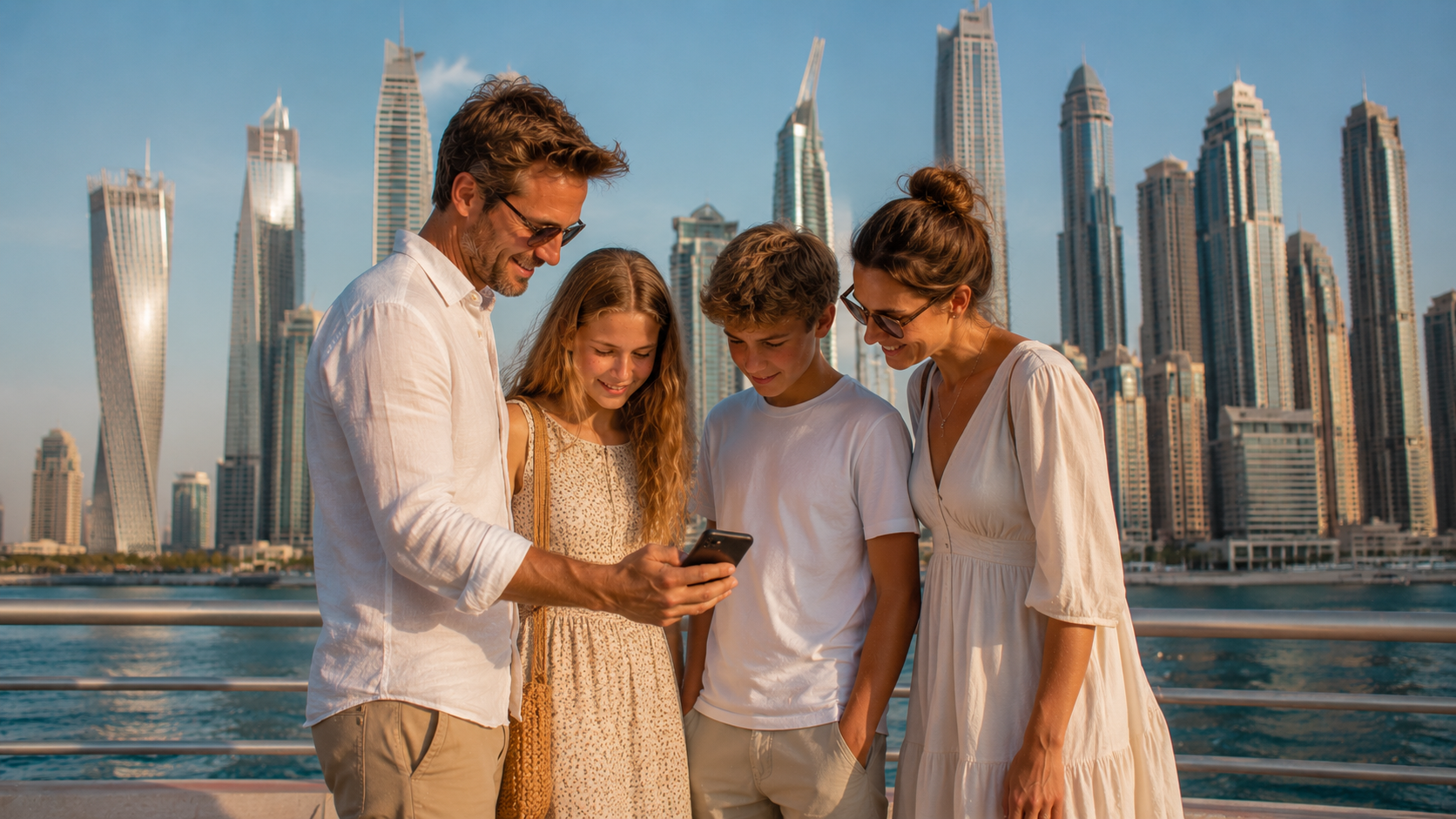 Gezin bij een uitkijkpunt met de skyline van Dubai kijkt samen op een telefoon