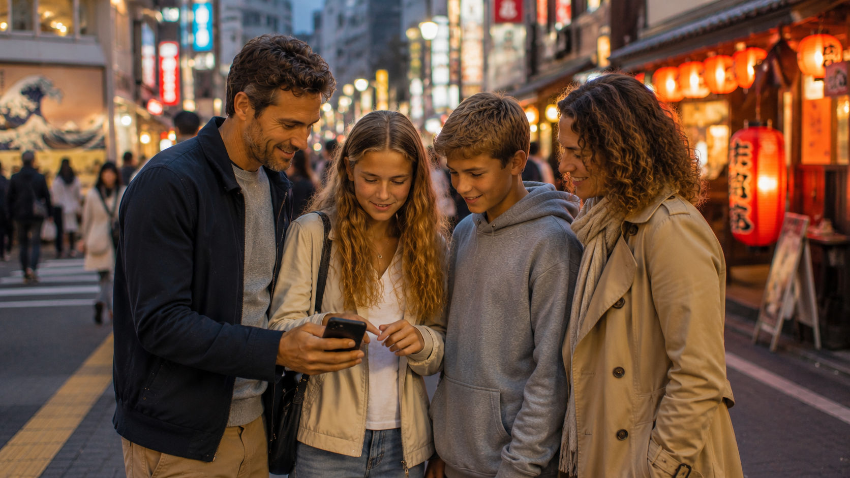 Gezin in een straat in Tokio kijkt samen op een telefoon