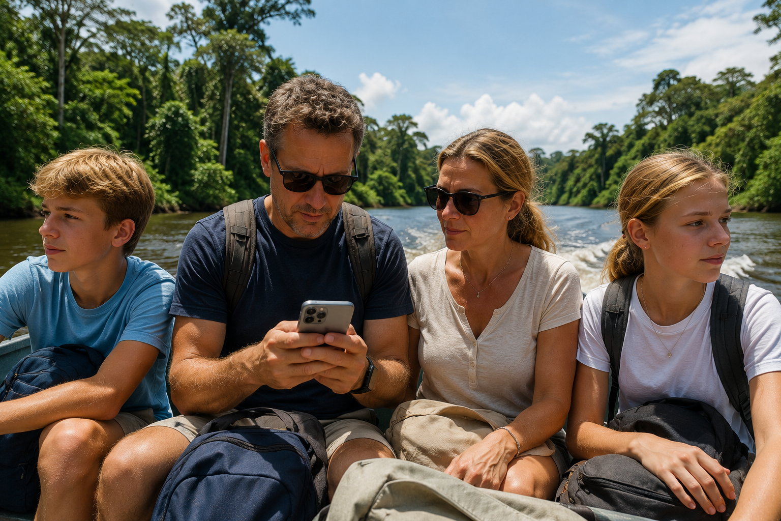 Gezin met tieners op een boottochtje op de Surinamerivier