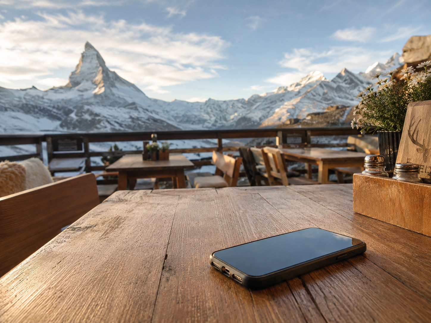 Smartphone op een houten tafel op een berghut terras in de Zwitserse Alpen met besneeuwde bergtoppen op de achtergrond