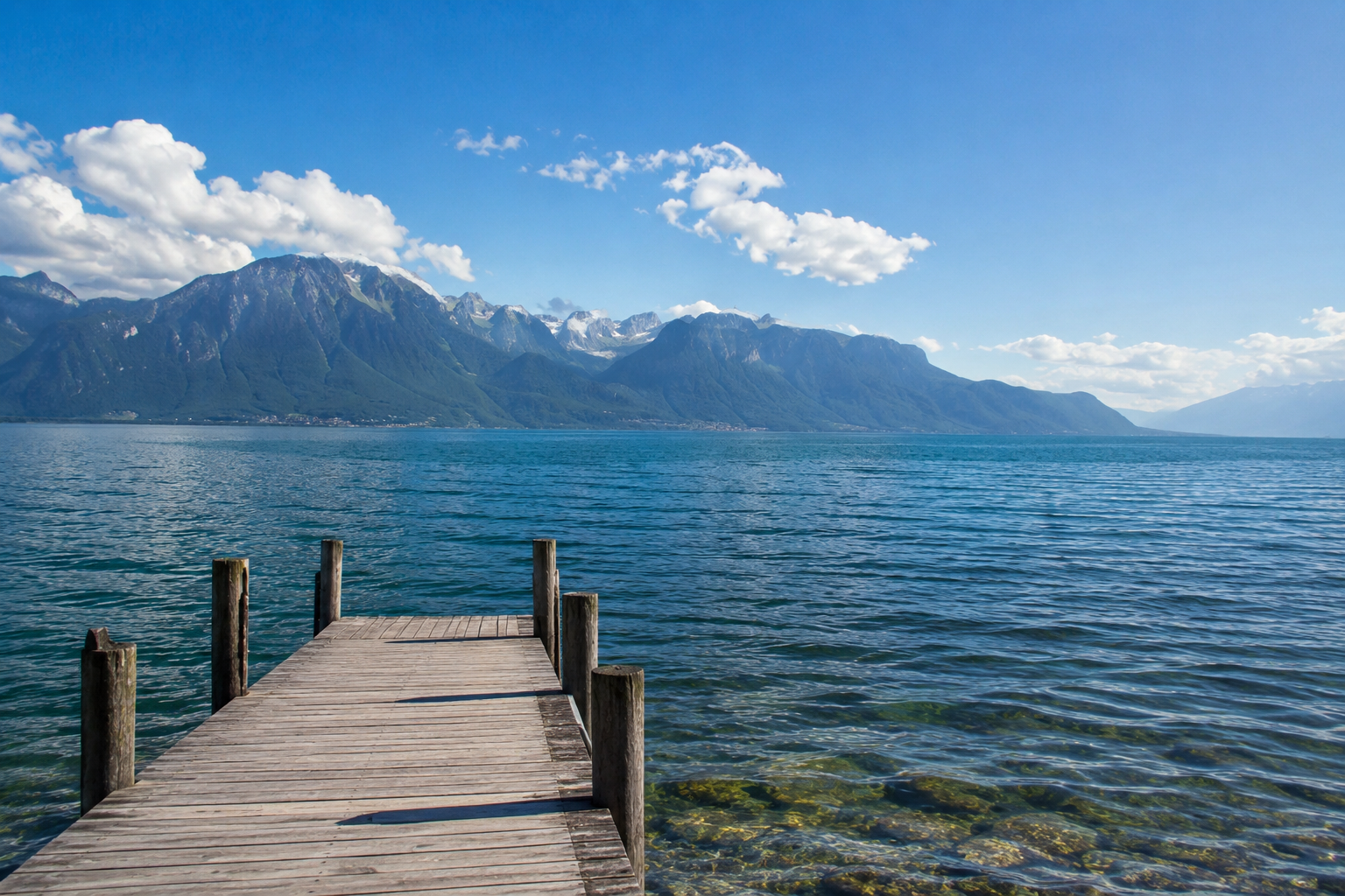 Uitzicht over het Meer van Genève met de Zwitserse Alpen op de achtergrond en een houten steiger op de voorgrond
