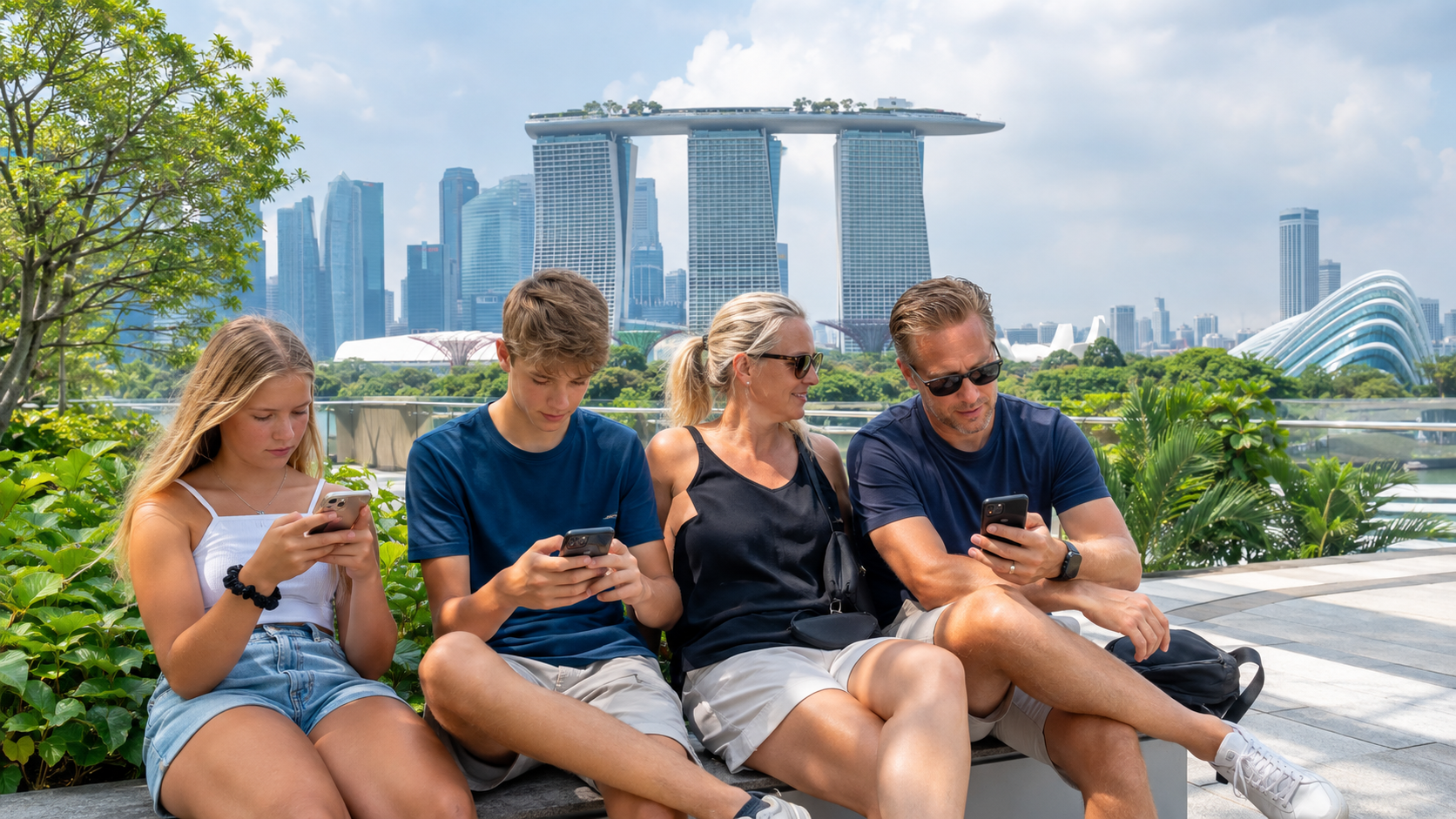 Gezin met tieners gebruikt smartphones tijdens vakantie in Singapore