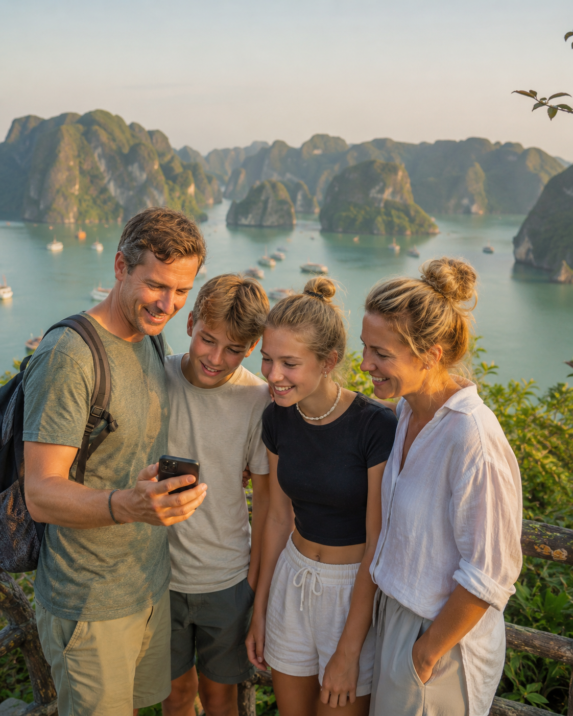 Nederlands gezin kijkt samen op een telefoon op een uitkijkpunt over Ha Long Bay in Vietnam