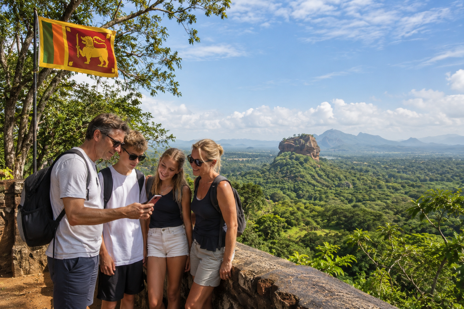 Gezin met tieners bekijkt een smartphone bij een uitzichtpunt in Sri Lanka