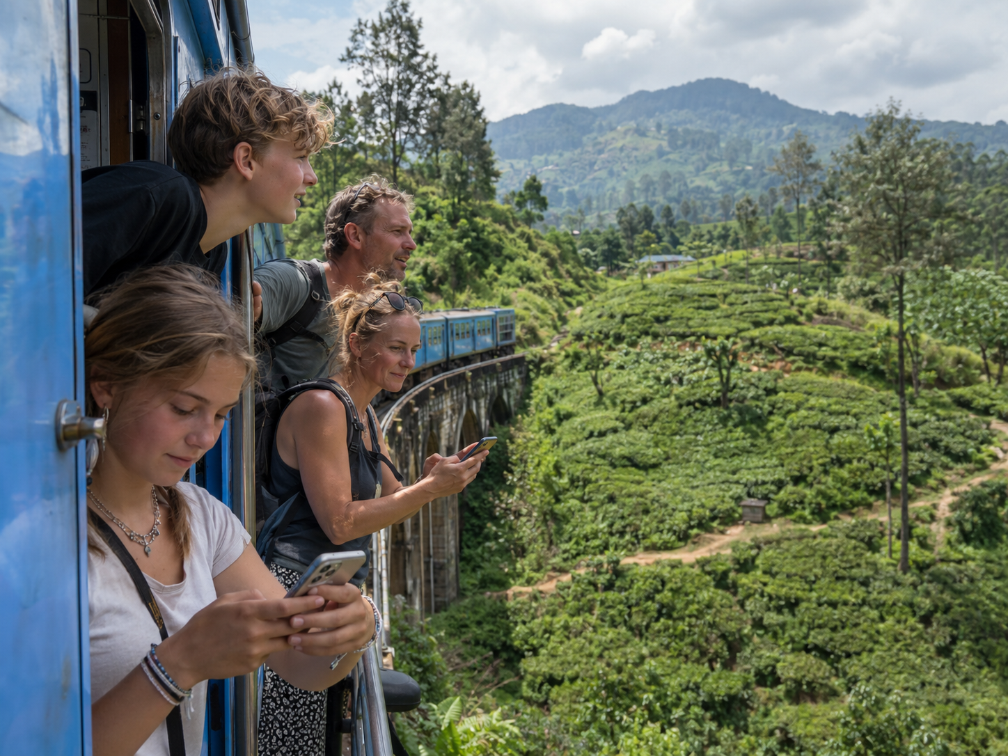 Gezin met tieners gebruikt smartphones tijdens een treinreis door Sri Lanka