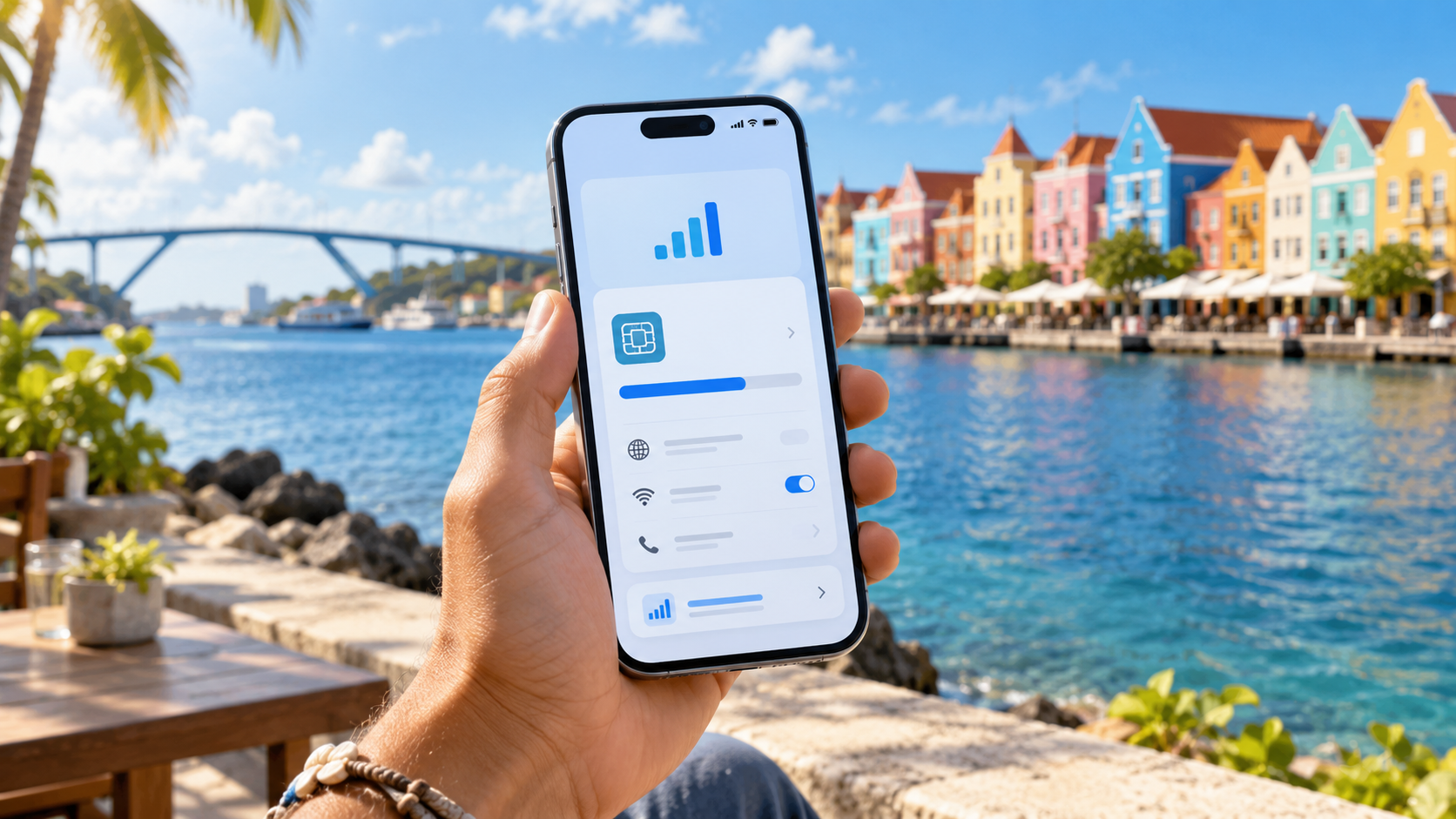 Smartphone met Maya eSIM voor mobiel internet op Curaçao