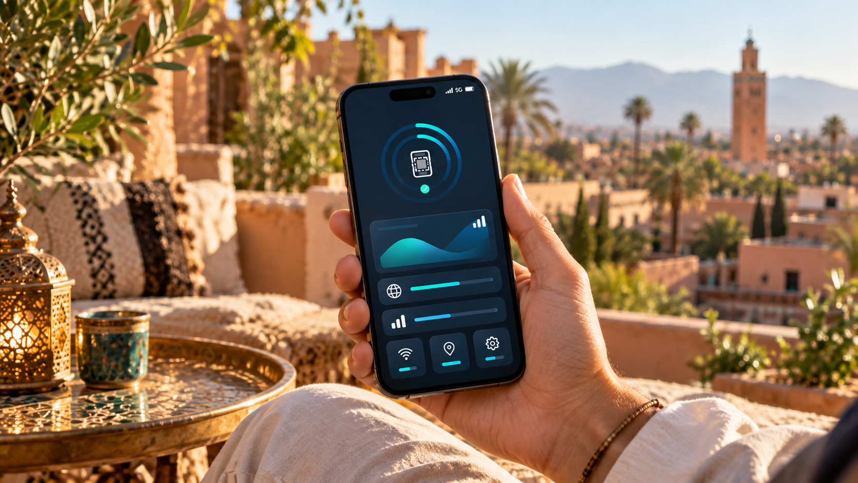 Smartphone met Nomad eSIM voor mobiel internet in Marokko