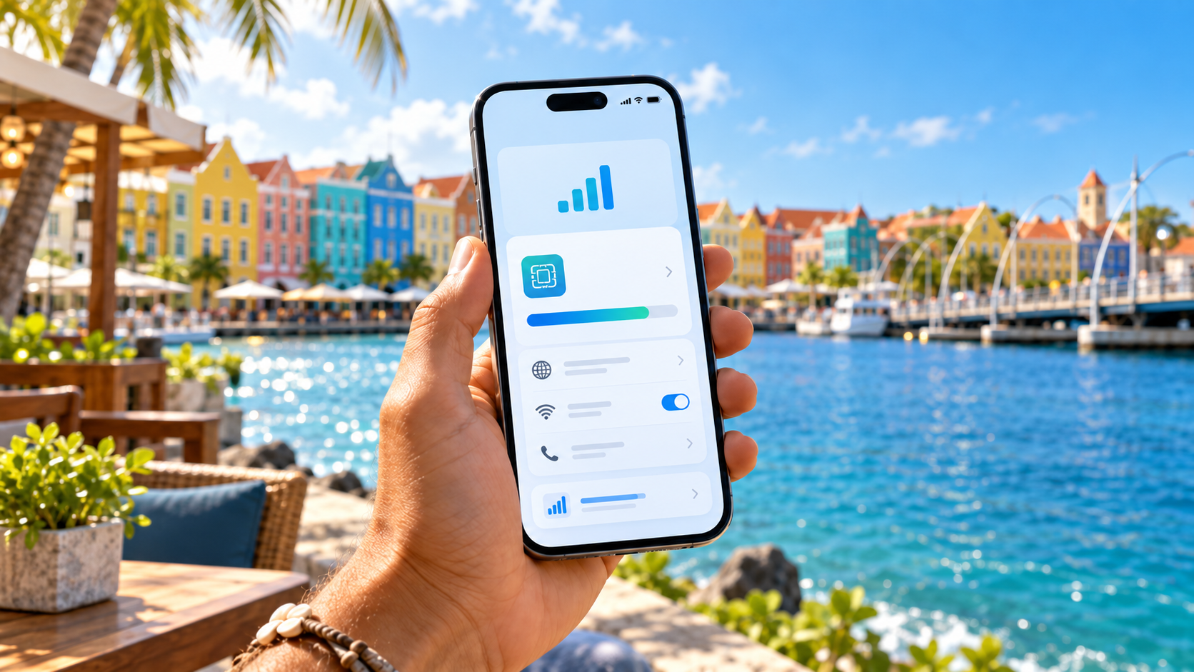 Smartphone met Roamic eSIM voor mobiel internet op Curaçao