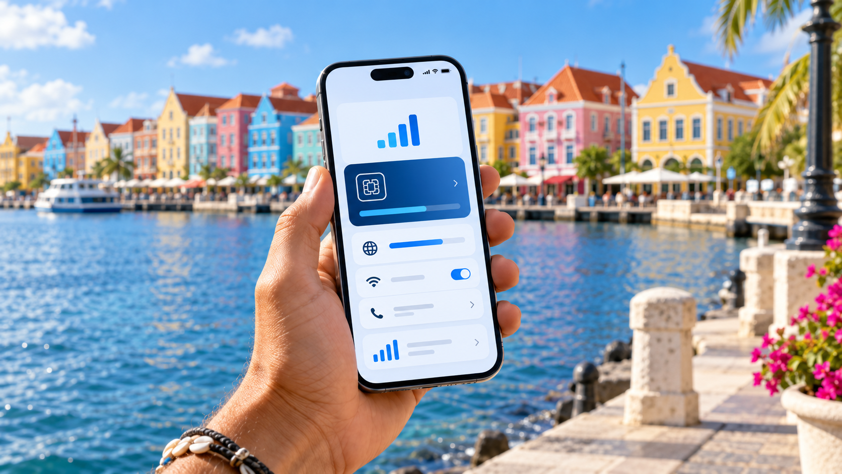 Smartphone met Saily eSIM voor mobiel internet op Curaçao