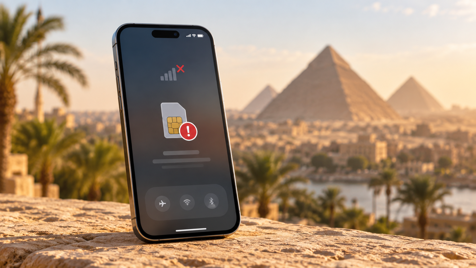 Smartphone met simkaartwaarschuwing in Egypte bij de piramides