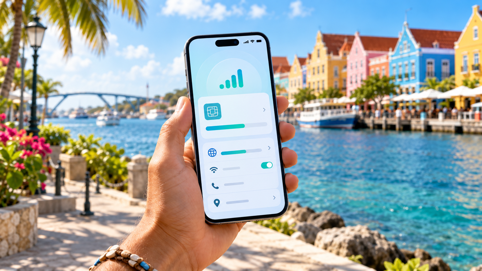Smartphone met Ubigi eSIM voor mobiel internet op Curaçao